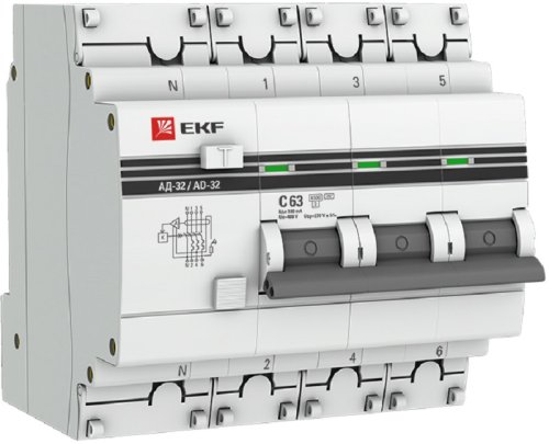 Автомат дифференциального тока АВДТ EKF PROxima АД-32 4п 63А 100мА 4,5кА C тип AC картинка